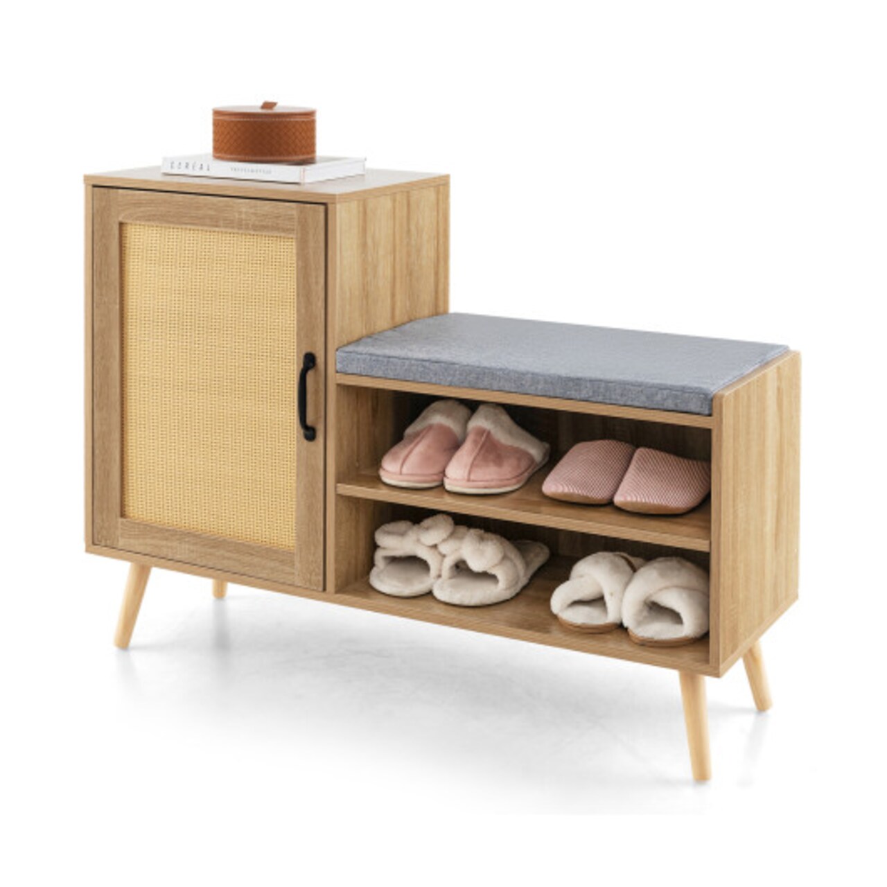 2-in-1 Rattan Shoe Cabinet with Bench Shoe Storage Bench with Washable Cushion - 41.5" x 14" x 30" (L x W x H)